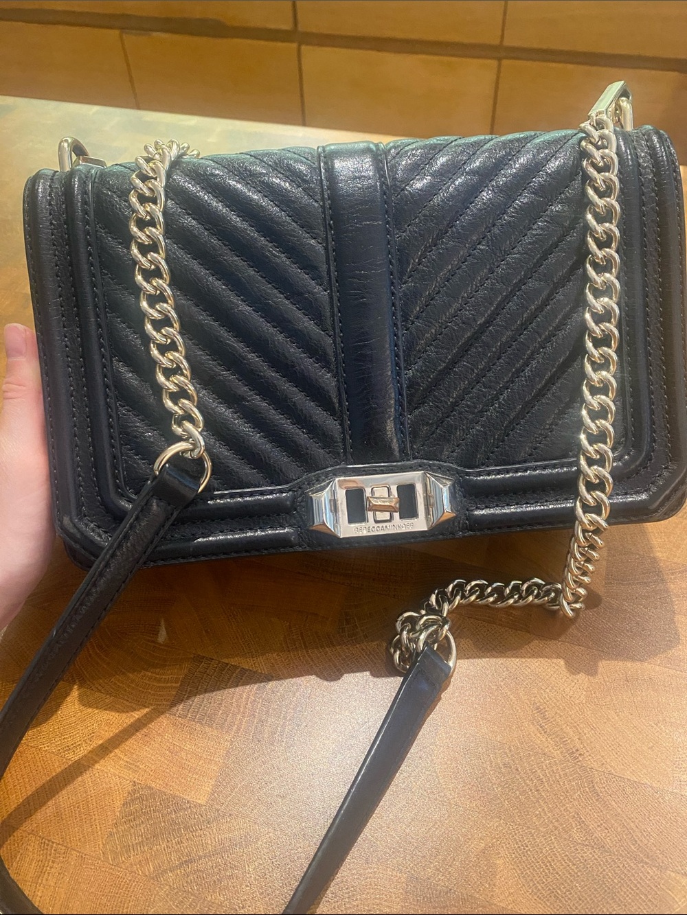 Black Rebecca Minkoff Quilted Leather Crossbody Bag with Gold Chain